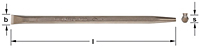 A bronze metal pinch bar is shown horizontally, with a “flat head” similar to a screwdriver on the left end with a tapered blunt bar on the right end. The flat blade widens at the left end of the bar.  A small image to the right of the bar highlights the 